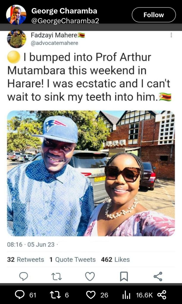 George Charamba, acting as the spokesperson for President Emmerson Mnangagwa, recently shared an intriguing screenshot of a tweet by Fadzayi Mahere. Mahere's original tweet, which rapidly gained traction, expressed her excitement after unexpectedly running into Prof Arthur Mutambara in Harare. Although the details of their encounter were not disclosed, Mahere's tweet sparked curiosity and set political observers buzzing with speculation.