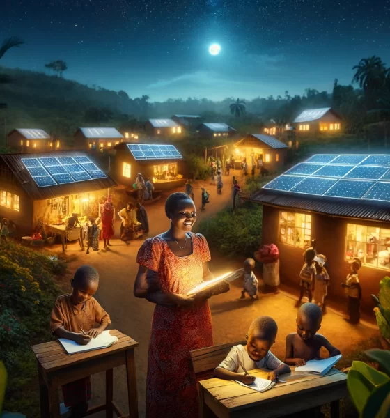The image for your article on the impact of solar power in a rural Ugandan village is ready. It illustrates a scene with Esther and her children studying under a solar lamp, with the village illuminated by solar-powered lights.