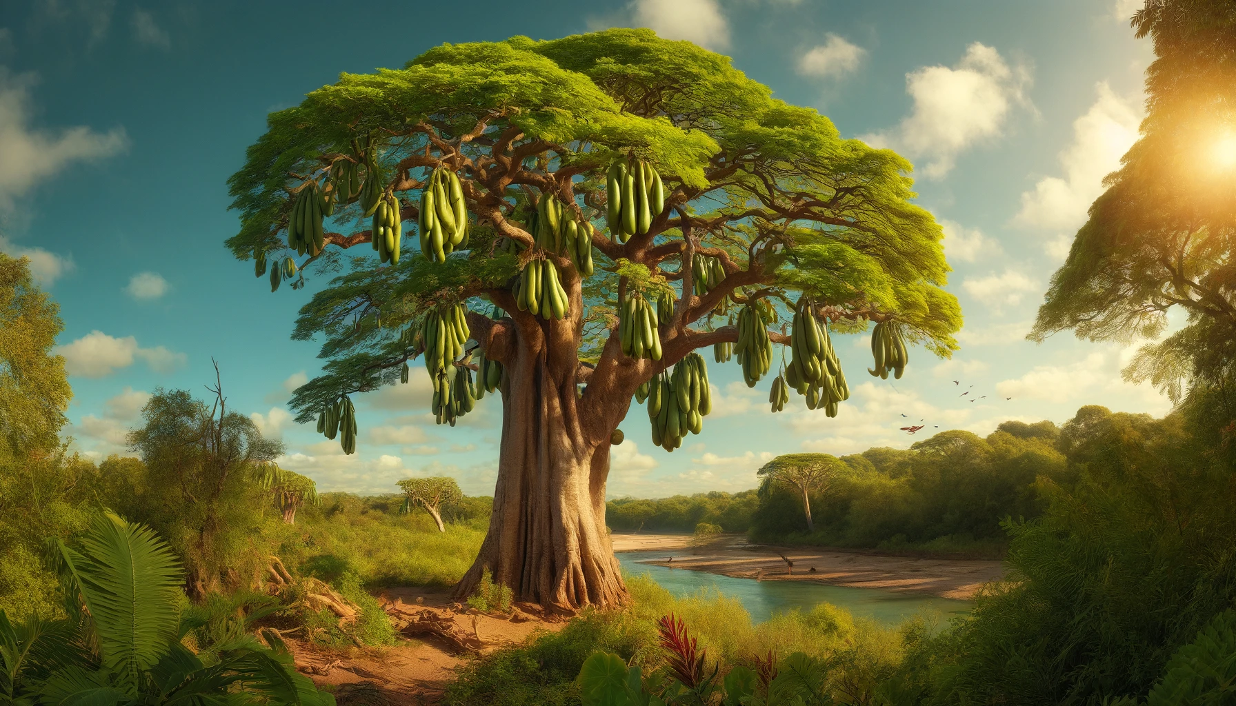 Image of the Kigelia tree, also known as the sausage tree, in a natural African landscape. The serene setting captures the essence of tropical Africa with its lush vegetation, wildlife, and distinctive sausage-shaped fruits hanging from the tree.
