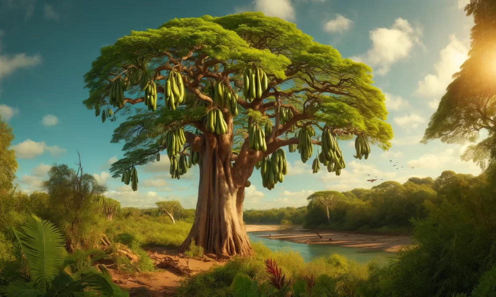 Image of the Kigelia tree, also known as the sausage tree, in a natural African landscape. The serene setting captures the essence of tropical Africa with its lush vegetation, wildlife, and distinctive sausage-shaped fruits hanging from the tree.