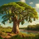 Image of the Kigelia tree, also known as the sausage tree, in a natural African landscape. The serene setting captures the essence of tropical Africa with its lush vegetation, wildlife, and distinctive sausage-shaped fruits hanging from the tree.