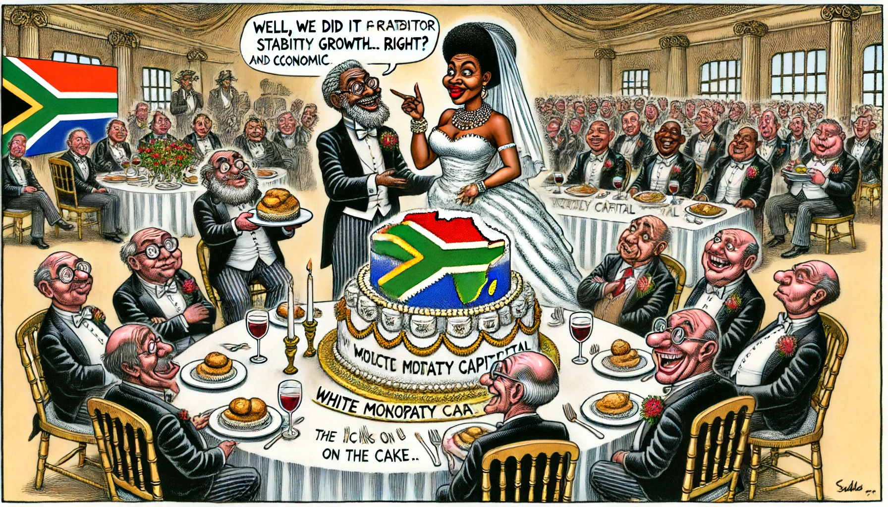 🍰🤵🏿👰🏿 'Well, we did it for stability and economic growth... right?' Check out this hilarious cartoon of the ANC-DA alliance at their 'wedding reception'! #SouthAfrica #PoliticalSatire #TheIcingOnTheCake"