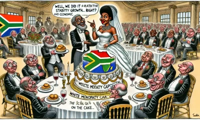 🍰🤵🏿👰🏿 'Well, we did it for stability and economic growth... right?' Check out this hilarious cartoon of the ANC-DA alliance at their 'wedding reception'! #SouthAfrica #PoliticalSatire #TheIcingOnTheCake"