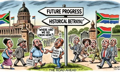 🚦 'Where do we go from here?' Confused citizens face a split path between 'Future Progress' and 'Historical Betrayal' at the Union Buildings. #SouthAfrica #PoliticalSatire #TheRoadAhead