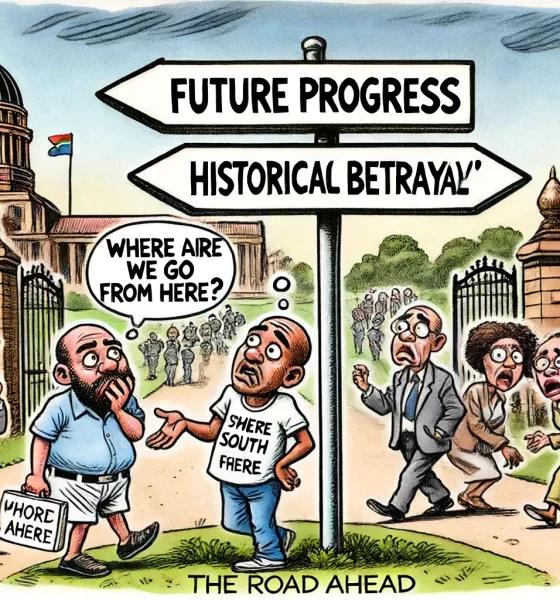 🚦 'Where do we go from here?' Confused citizens face a split path between 'Future Progress' and 'Historical Betrayal' at the Union Buildings. #SouthAfrica #PoliticalSatire #TheRoadAhead