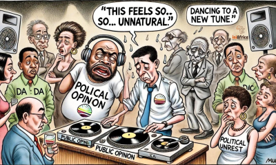 🕺💃 'This feels so... unnatural.' DA and ANC members awkwardly dance to 'Political Unrest' in this hilarious cartoon! Check out 'Dancing to a New Tune'. #SouthAfrica #PoliticalSatire #ANC #DA #TheUnexpectedWedding