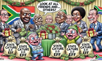 💸🎁 'Look at all these donations!' Cyril and Thoko unwrap gifts labeled 'State Capture 2.0' as EFF members glare in this satirical cartoon. #PoliticalSatire #SouthAfrica #ANC #EFF #StateCapture