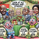 💸🎁 'Look at all these donations!' Cyril and Thoko unwrap gifts labeled 'State Capture 2.0' as EFF members glare in this satirical cartoon. #PoliticalSatire #SouthAfrica #ANC #EFF #StateCapture