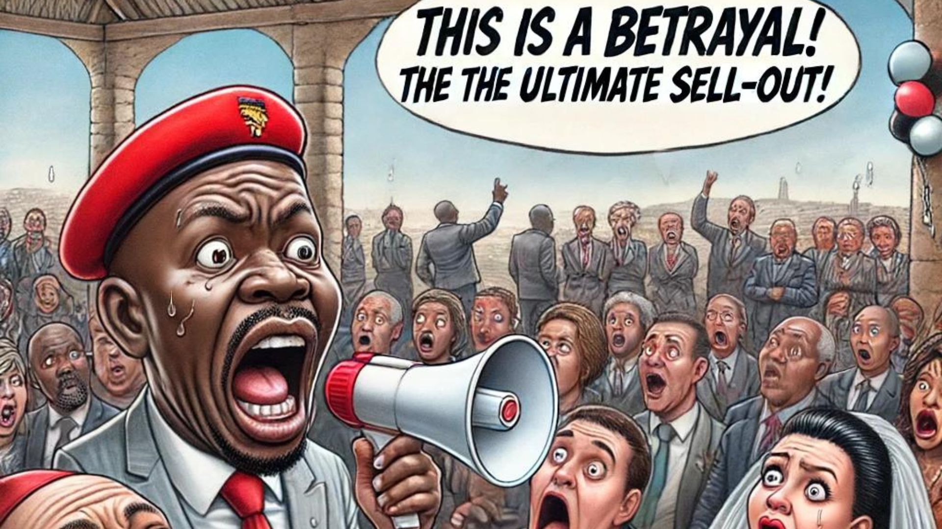 🎤😱 'This is a betrayal! The ultimate sell-out!' Julius Malema crashes the 'wedding' of ANC and DA in this hilarious cartoon. Check out 'The Wedding Crashers'! #SouthAfrica #ANC #DA #JuliusMalema #PoliticalSatire #TheWeddingCrashers