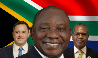 South African President Cyril Ramaphosa (center) is joined by leaders from coalition partners John Steenhuisen of the Democratic Alliance (left) and Velenkosini Hlabisa of the Inkatha Freedom Party (right) as the ANC navigates its first coalition government following a historic parliamentary session.