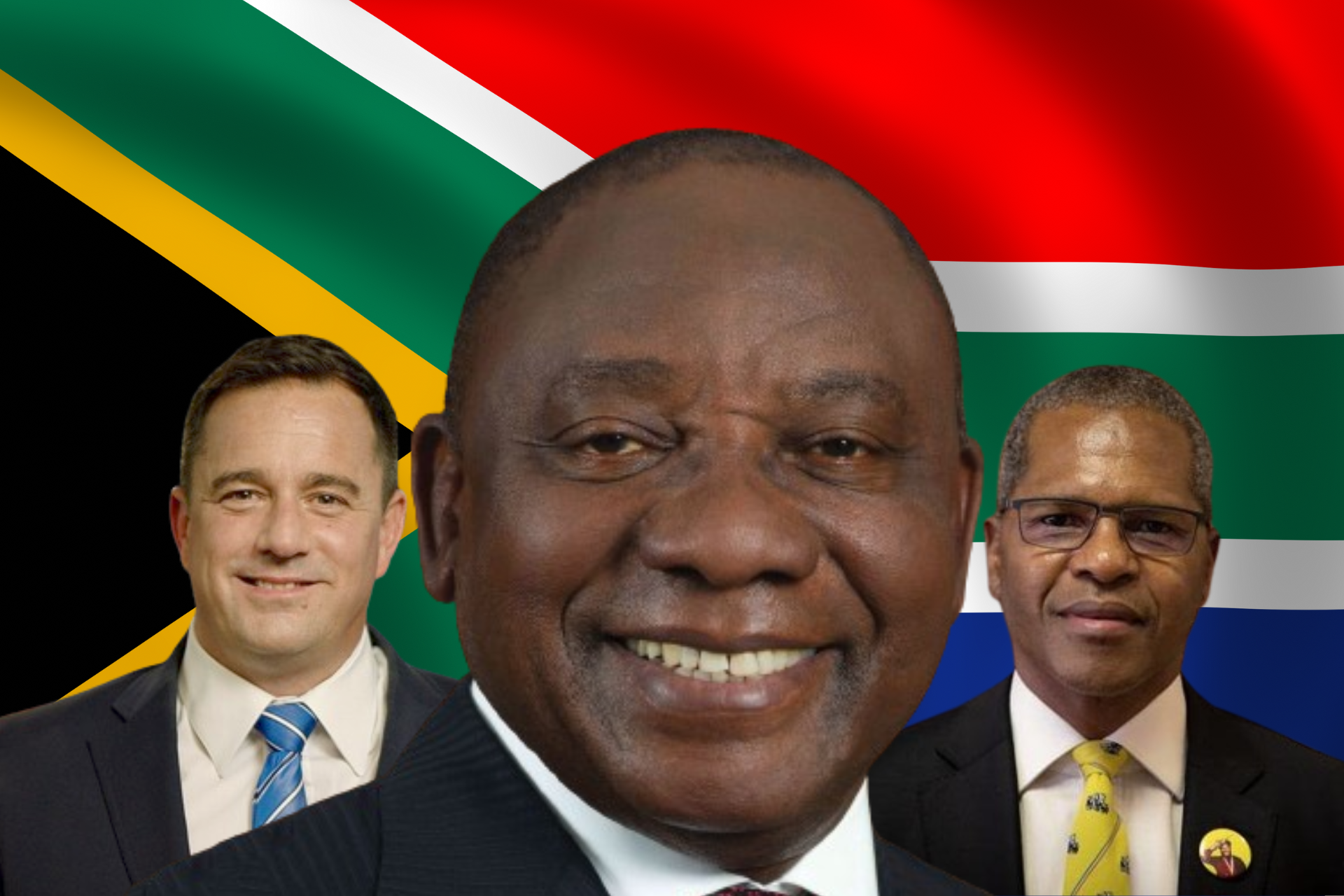 South African President Cyril Ramaphosa (center) is joined by leaders from coalition partners John Steenhuisen of the Democratic Alliance (left) and Velenkosini Hlabisa of the Inkatha Freedom Party (right) as the ANC navigates its first coalition government following a historic parliamentary session.