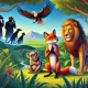 A vibrant illustration of a jungle scene. In the foreground, a cunning fox and a mischievous monkey are seen conspiring together. Behind them, a majestic lion and a wise eagle look surprised and betrayed. In the background, shadowy figures of hyenas dressed as police officers observe the scene, symbolizing corruption. The jungle is depicted with lush greenery, colorful flowers, and a distant mountain, reflecting a complex ecosystem where themes of betrayal, deception, and justice intertwine