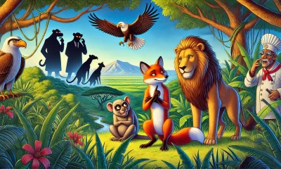 A vibrant illustration of a jungle scene. In the foreground, a cunning fox and a mischievous monkey are seen conspiring together. Behind them, a majestic lion and a wise eagle look surprised and betrayed. In the background, shadowy figures of hyenas dressed as police officers observe the scene, symbolizing corruption. The jungle is depicted with lush greenery, colorful flowers, and a distant mountain, reflecting a complex ecosystem where themes of betrayal, deception, and justice intertwine