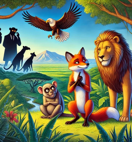 A vibrant illustration of a jungle scene. In the foreground, a cunning fox and a mischievous monkey are seen conspiring together. Behind them, a majestic lion and a wise eagle look surprised and betrayed. In the background, shadowy figures of hyenas dressed as police officers observe the scene, symbolizing corruption. The jungle is depicted with lush greenery, colorful flowers, and a distant mountain, reflecting a complex ecosystem where themes of betrayal, deception, and justice intertwine