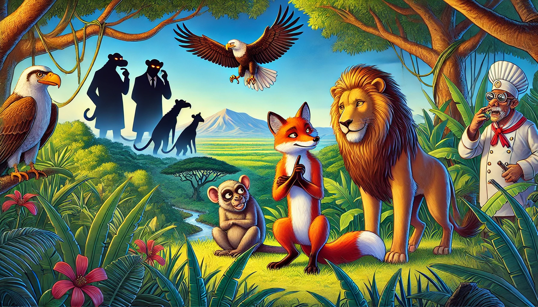 A vibrant illustration of a jungle scene. In the foreground, a cunning fox and a mischievous monkey are seen conspiring together. Behind them, a majestic lion and a wise eagle look surprised and betrayed. In the background, shadowy figures of hyenas dressed as police officers observe the scene, symbolizing corruption. The jungle is depicted with lush greenery, colorful flowers, and a distant mountain, reflecting a complex ecosystem where themes of betrayal, deception, and justice intertwine