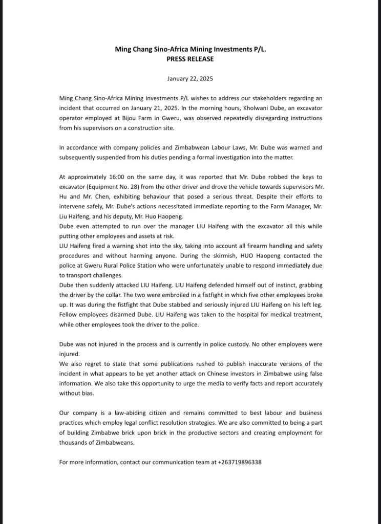 Ming Chang Sino-Africa Mining Investments Responds to Violent Labor Dispute