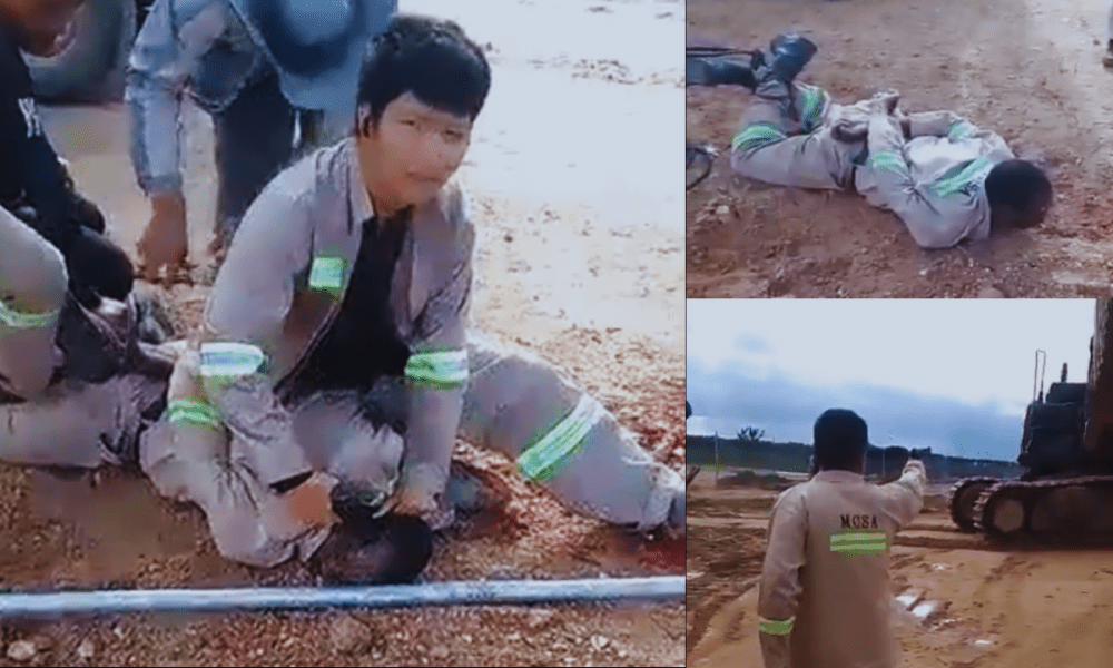 The images capture moments following the January 21, 2025, labor dispute at Bijou Farm, Lower Gweru, involving excavator operator Kholwani Dube and his supervisor, a Chinese national. The confrontation reportedly escalated over unpaid wages, resulting in Dube allegedly stabbing his supervisor, while the supervisor allegedly brandished a firearm. The images show individuals restrained on the ground, with visible injuries and company employees intervening. This incident has sparked widespread outrage and renewed concerns over labor rights violations in Chinese-owned mining companies in Zimbabwe.