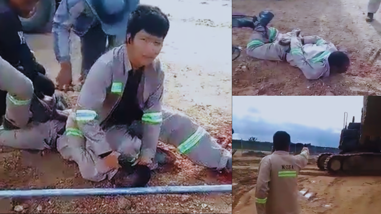 The images capture moments following the January 21, 2025, labor dispute at Bijou Farm, Lower Gweru, involving excavator operator Kholwani Dube and his supervisor, a Chinese national. The confrontation reportedly escalated over unpaid wages, resulting in Dube allegedly stabbing his supervisor, while the supervisor allegedly brandished a firearm. The images show individuals restrained on the ground, with visible injuries and company employees intervening. This incident has sparked widespread outrage and renewed concerns over labor rights violations in Chinese-owned mining companies in Zimbabwe.